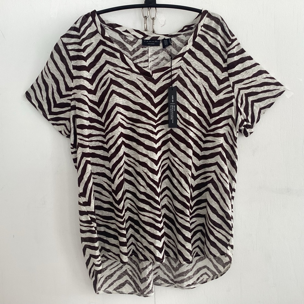 Tahari Plus size Tiger Stripe V-Neck Cap Sleeve Linen Jersey Black/White 2X NWT